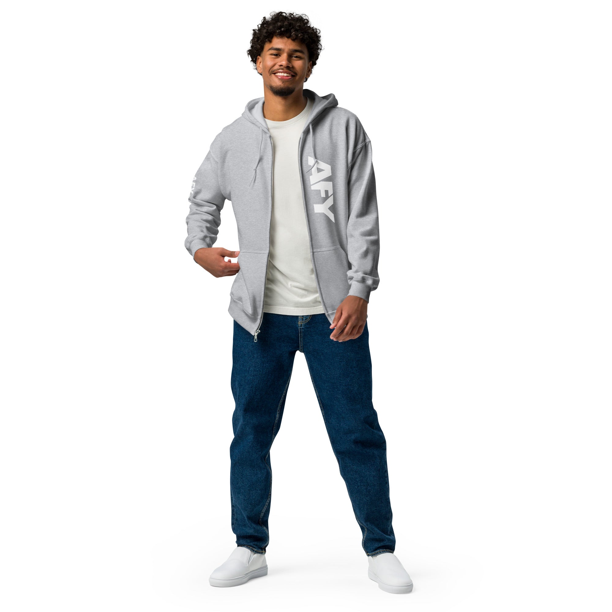AFY Unisex Heavy Blend Zip Hoodie White Logo