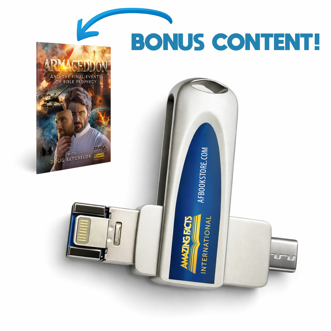 Amazing Facts 116GB USB-A, USB-C, & Lightning Flash Drive + Bonus Feature: Armageddon and the Final Events of Bible Prophecy Documentary